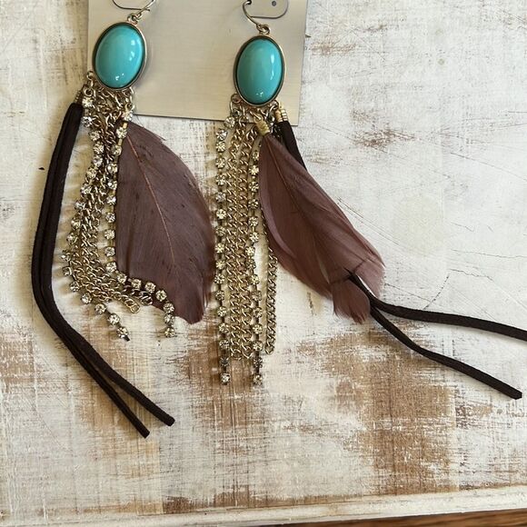 Apt. 9 Faux Turquoise and Brown Feather Dangle Earrings - Picture 3 of 3